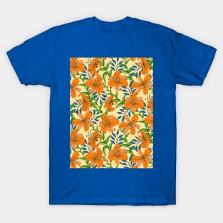 Lily Flower Pattern On Orange T-Shirt